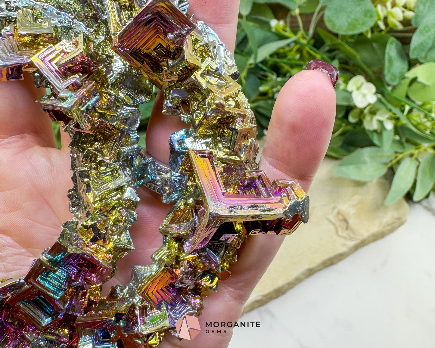 Rainbow Bismuth Moon Sculpture with Stand β Iridescent Crystal Crescent for Display Altar & Energy Work πβ¨