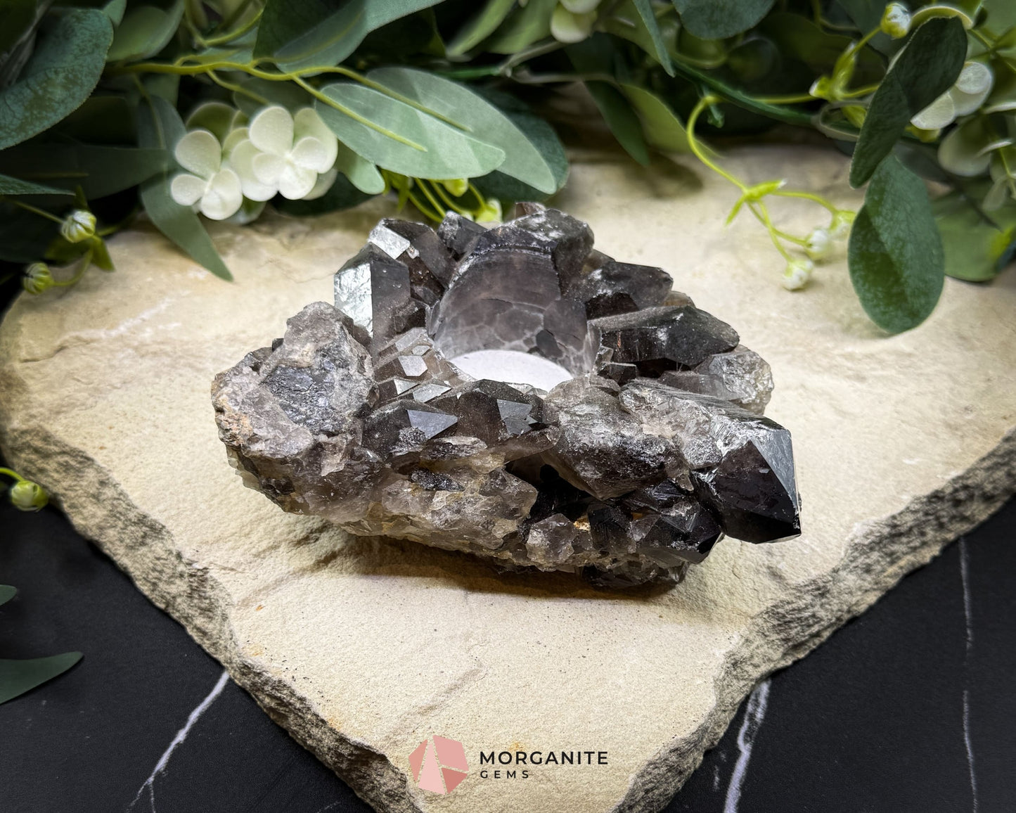 Rough Smoky Quartz Candle Holder No. 1 – Natural Crystal Tealight for Protection Grounding & Warm Energy - Metaphysical
