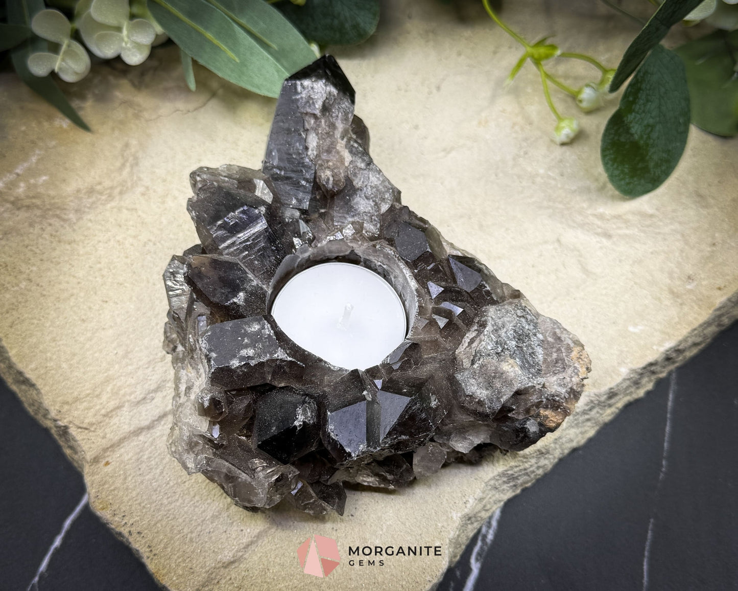 Rough Smoky Quartz Candle Holder No. 1 – Natural Crystal Tealight for Protection Grounding & Warm Energy - Metaphysical