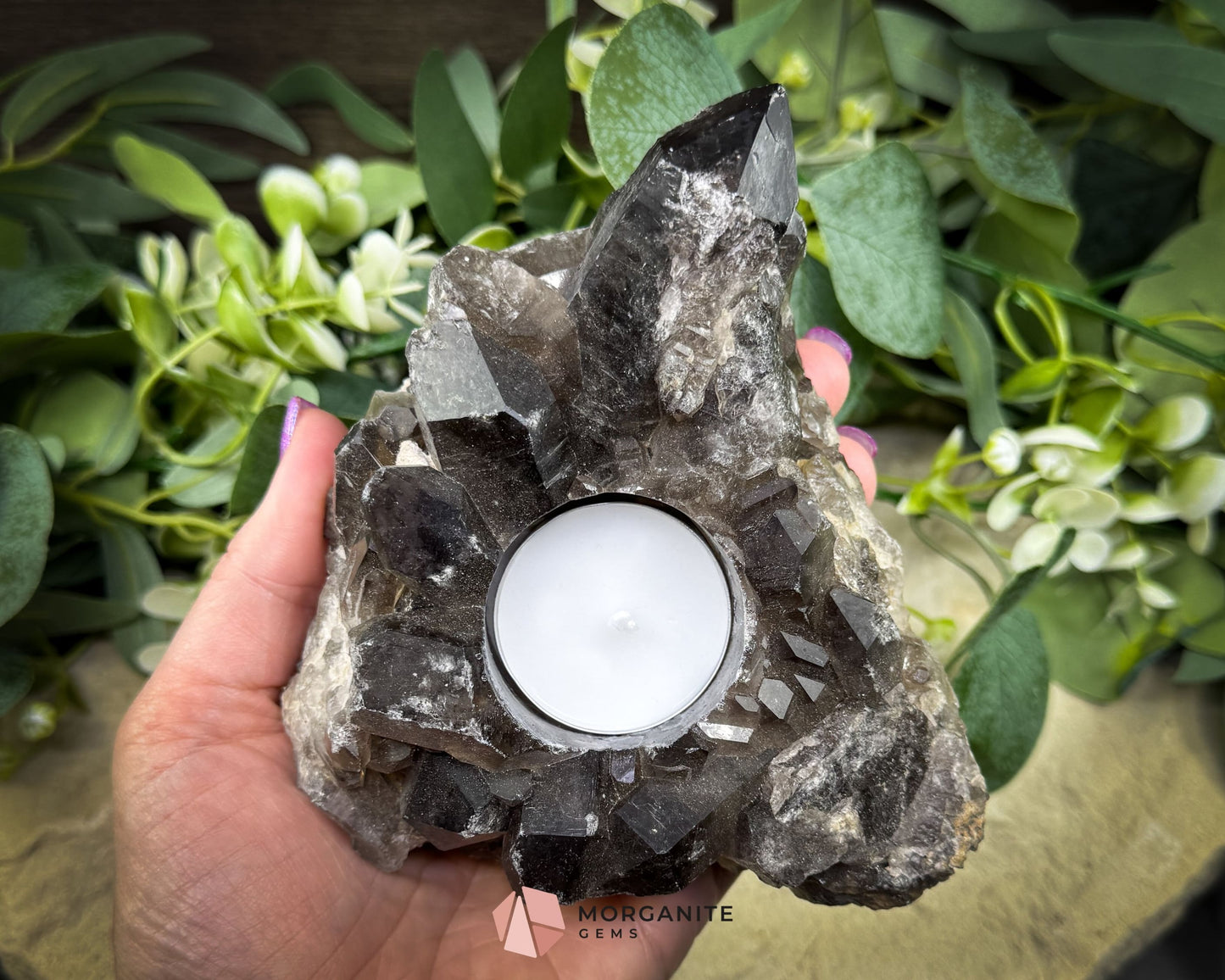 Rough Smoky Quartz Candle Holder No. 1 – Natural Crystal Tealight for Protection Grounding & Warm Energy - Metaphysical