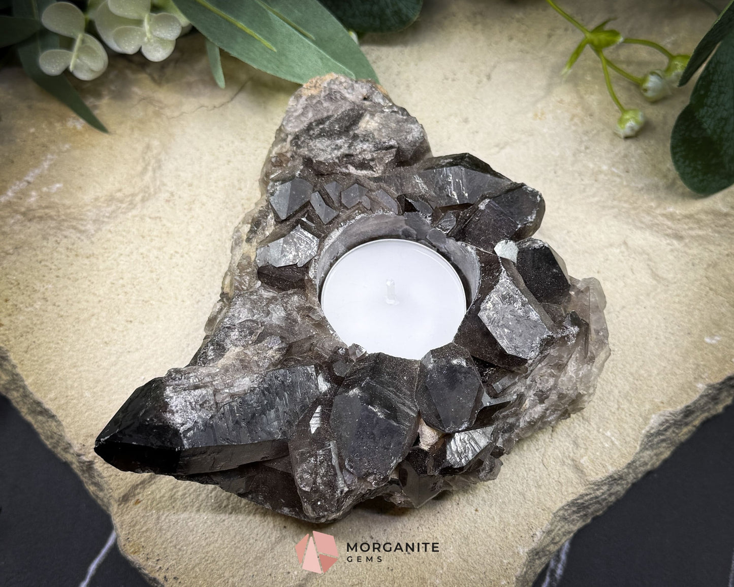 Rough Smoky Quartz Candle Holder No. 1 – Natural Crystal Tealight for Protection Grounding & Warm Energy - Metaphysical