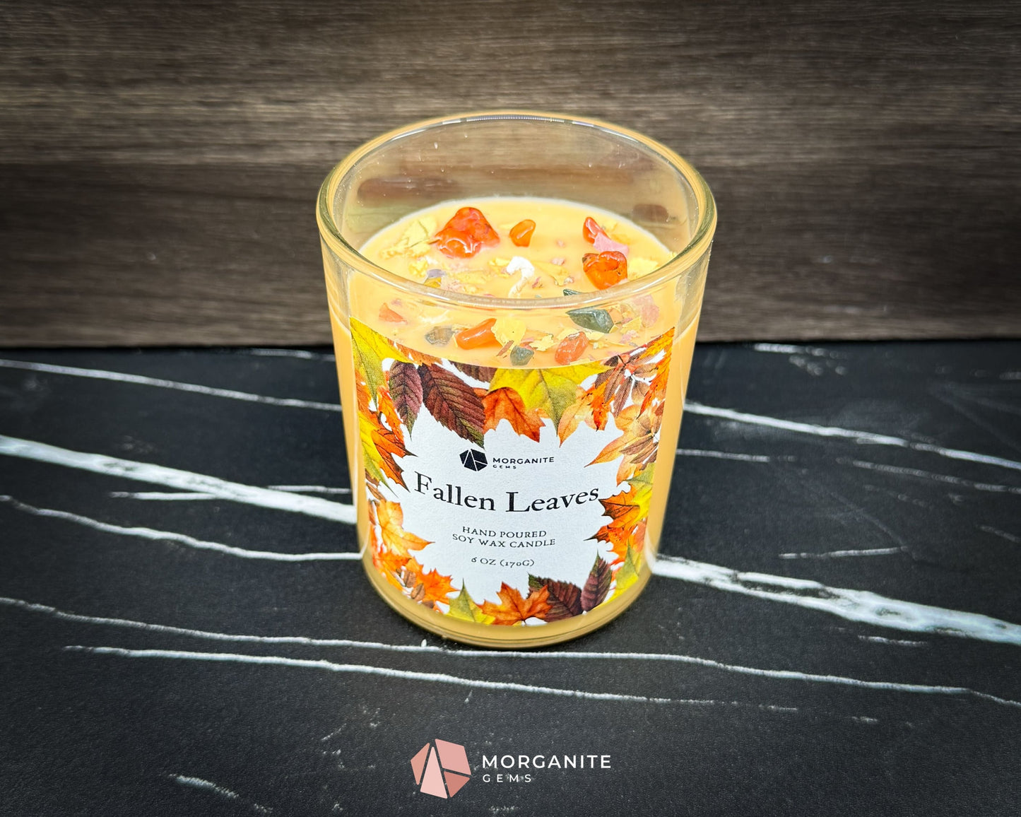 6 oz Fallen Leaves Candle – Autumn Soy Candle with Crystals & Dried Leaves | Apple Berry Fall Scent | Cozy Gift Idea