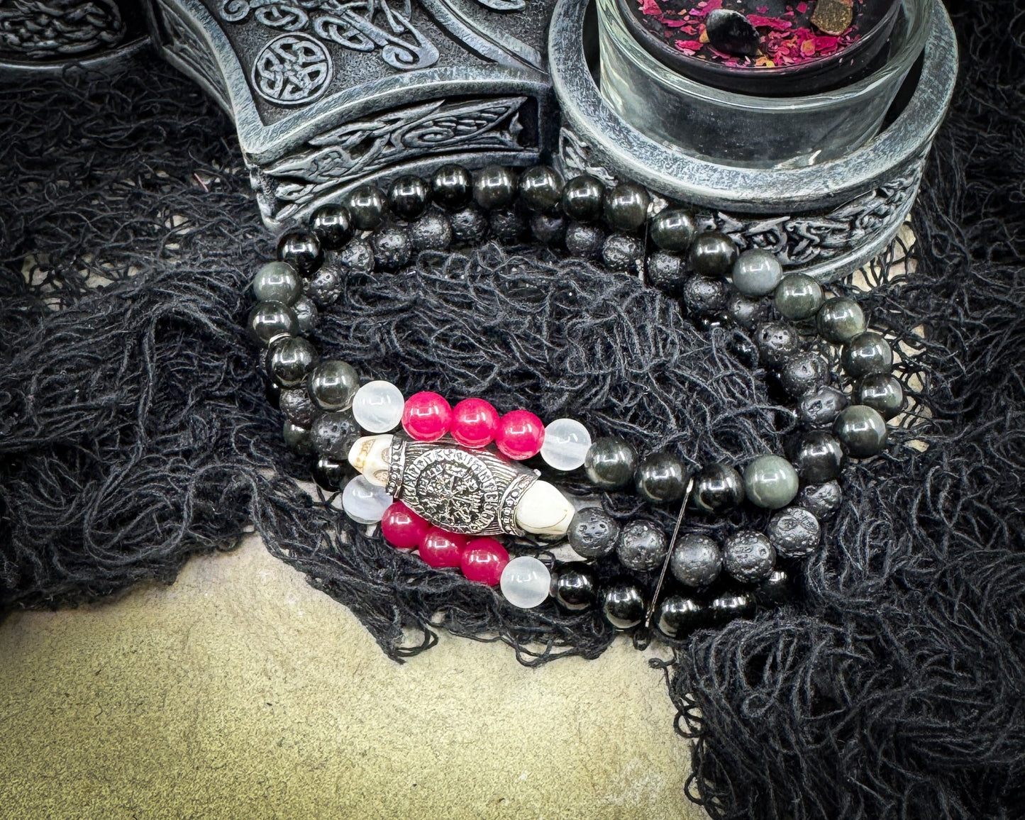 Nordic Gemstones Helm of Awe Bracelet – Triple Strand Ruby Selenite Blue Obsidian Lava & Skull - Jewelry