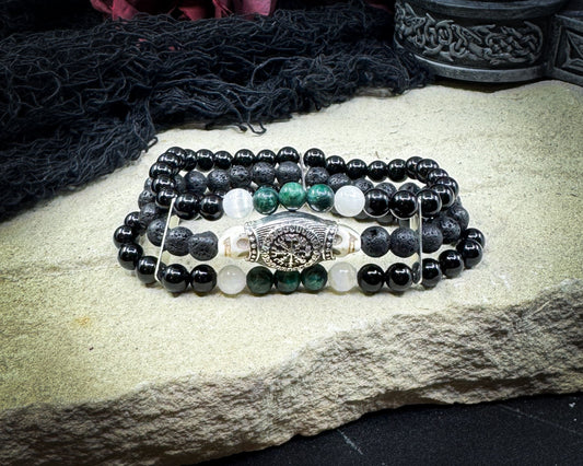 Nordic Gemstones Helm of Awe Bracelet – Triple Strand Emerald Selenite Onyx Lava Stone & Skull - Jewelry