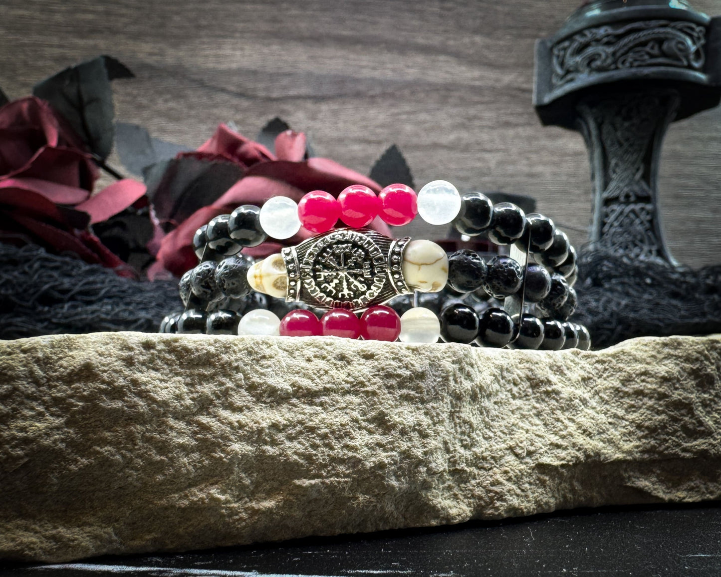 Nordic Gemstones Helm of Awe Bracelet – Triple Strand Ruby Selenite Blue Obsidian Lava & Skull - Jewelry