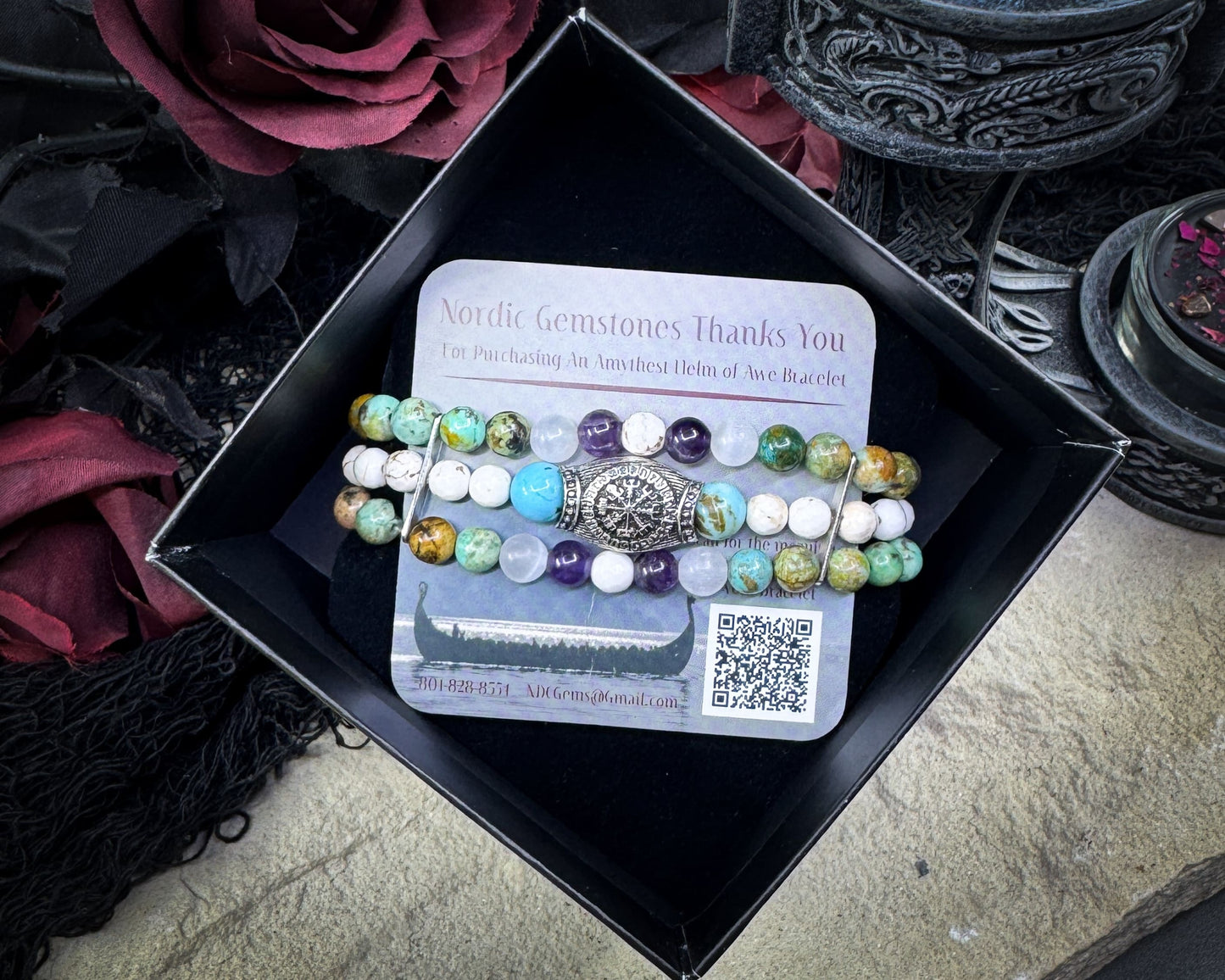 Nordic Gemstones Helm of Awe Bracelet – Triple Strand Amethyst Selenite Turquoise & White Turquoise - Jewelry