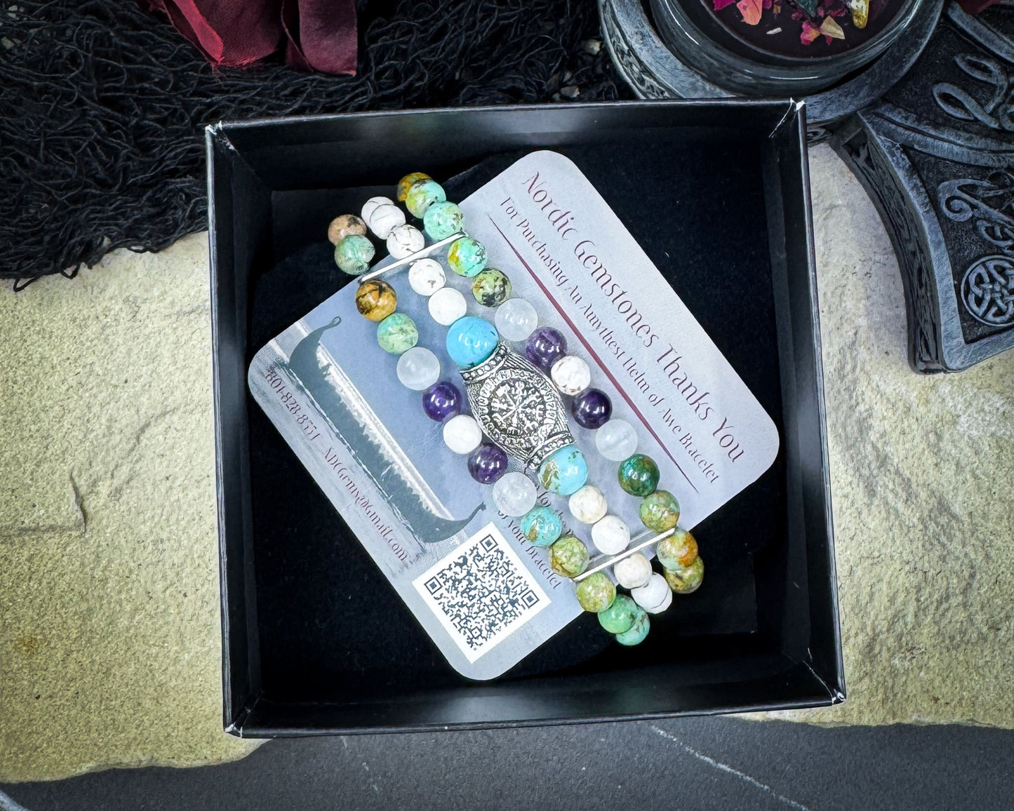 Nordic Gemstones Helm of Awe Bracelet – Triple Strand Amethyst Selenite Turquoise & White Turquoise - Jewelry