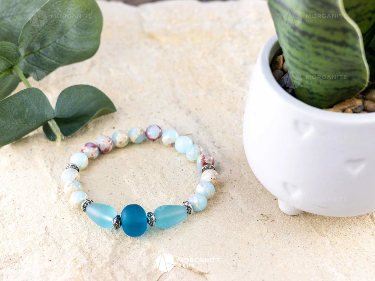 Sky Blue Jasper and Sea Glass Bracelet-Morganite Gems