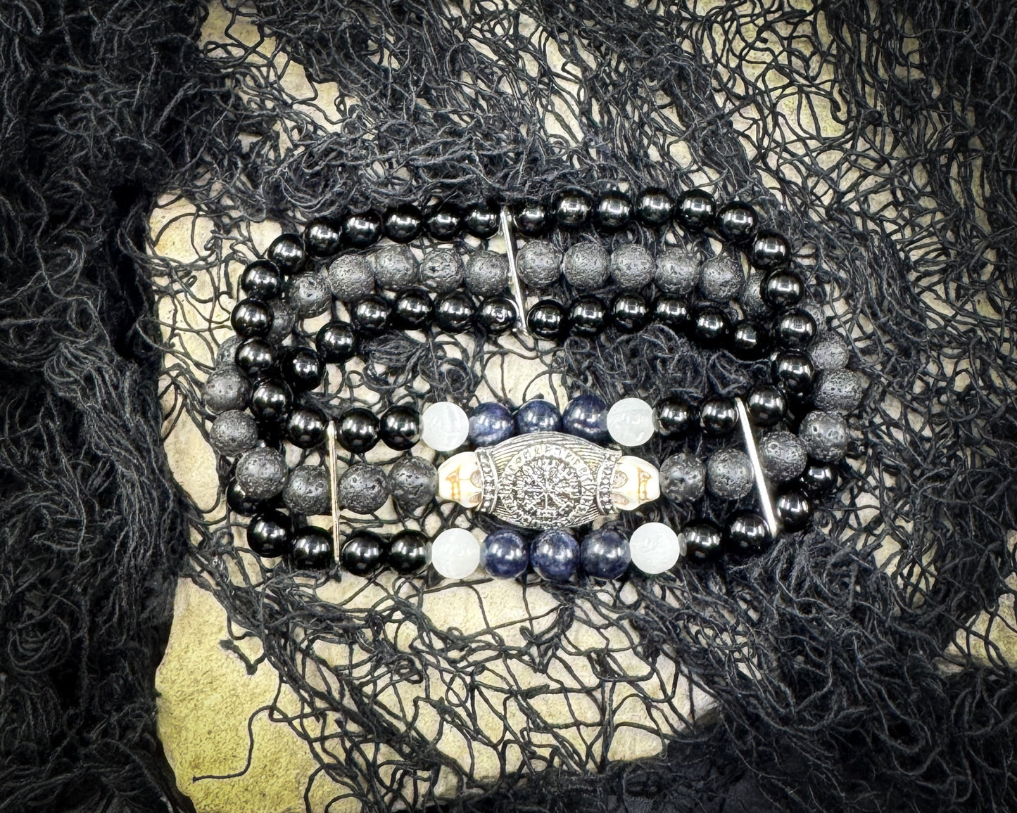 Nordic Gemstones Helm of Awe Bracelet – Triple Strand Sapphire Selenite Black Onyx Lava Stone & Skull - Jewelry