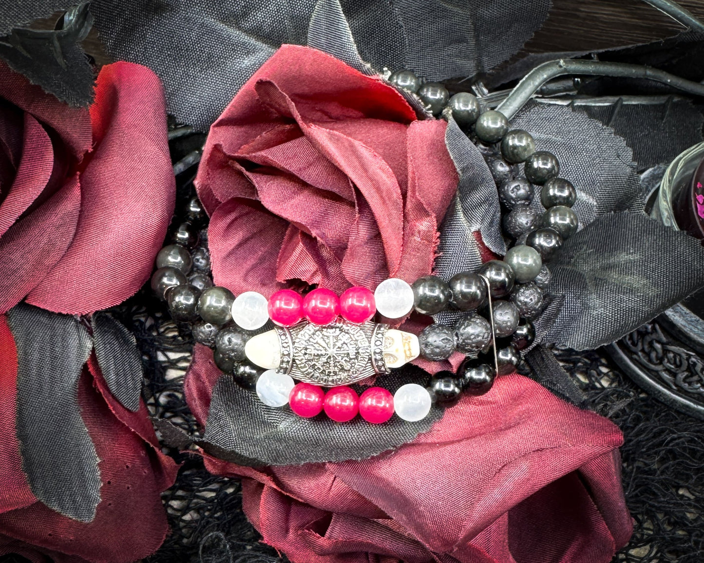Nordic Gemstones Helm of Awe Bracelet – Triple Strand Ruby Selenite Blue Obsidian Lava & Skull - Jewelry