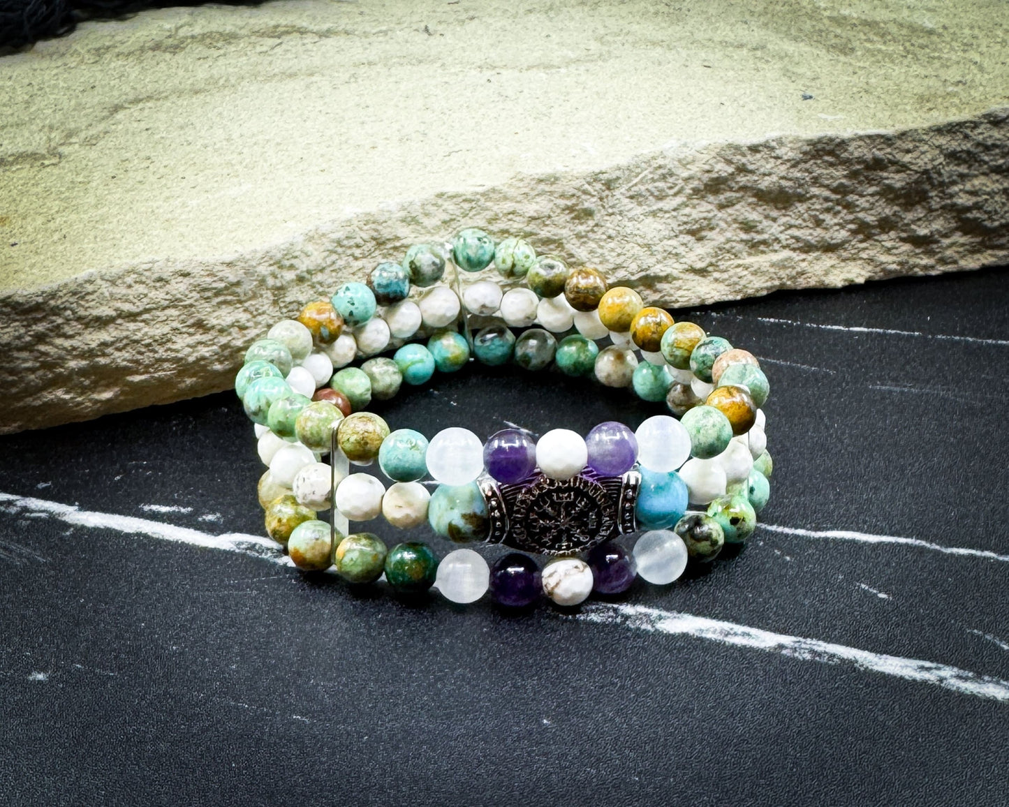 Nordic Gemstones Helm of Awe Bracelet – Triple Strand Amethyst Selenite Turquoise & White Turquoise - Jewelry