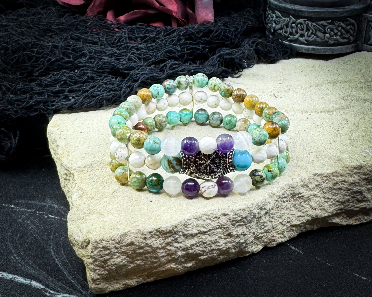 Nordic Gemstones Helm of Awe Bracelet – Triple Strand Amethyst Selenite Turquoise & White Turquoise - Jewelry