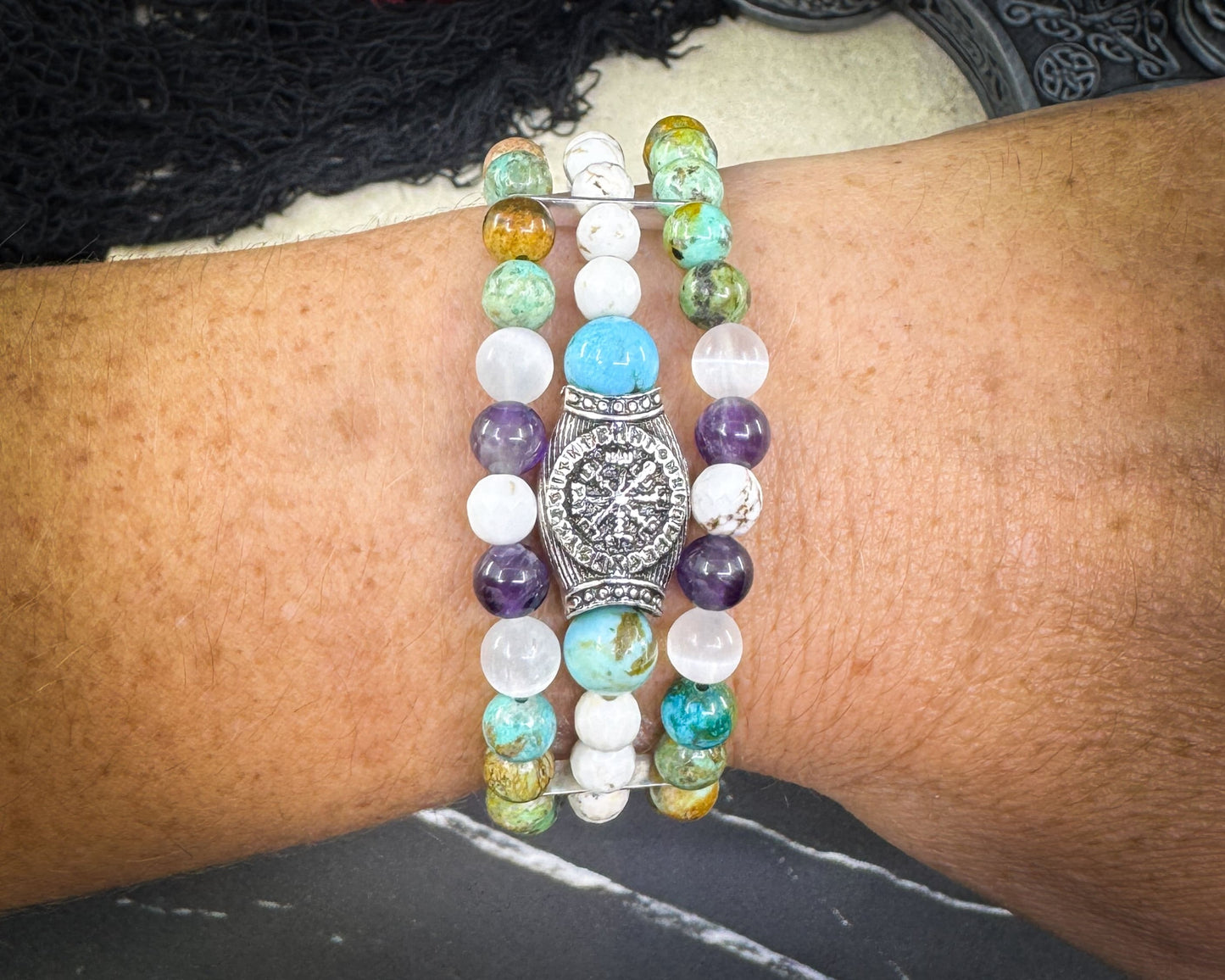 Nordic Gemstones Helm of Awe Bracelet – Triple Strand Amethyst Selenite Turquoise & White Turquoise - Jewelry