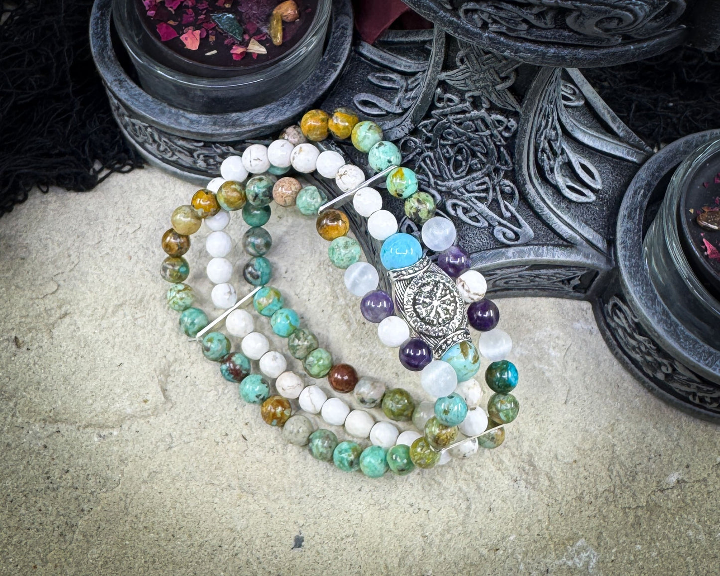 Nordic Gemstones Helm of Awe Bracelet – Triple Strand Amethyst Selenite Turquoise & White Turquoise - Jewelry