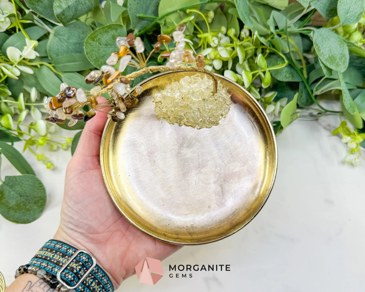 Tiger’s Eye & Rutilated Quartz Gemstone Tree Incense Holder – Gold Smudge Stick Station for Protection & Clarity