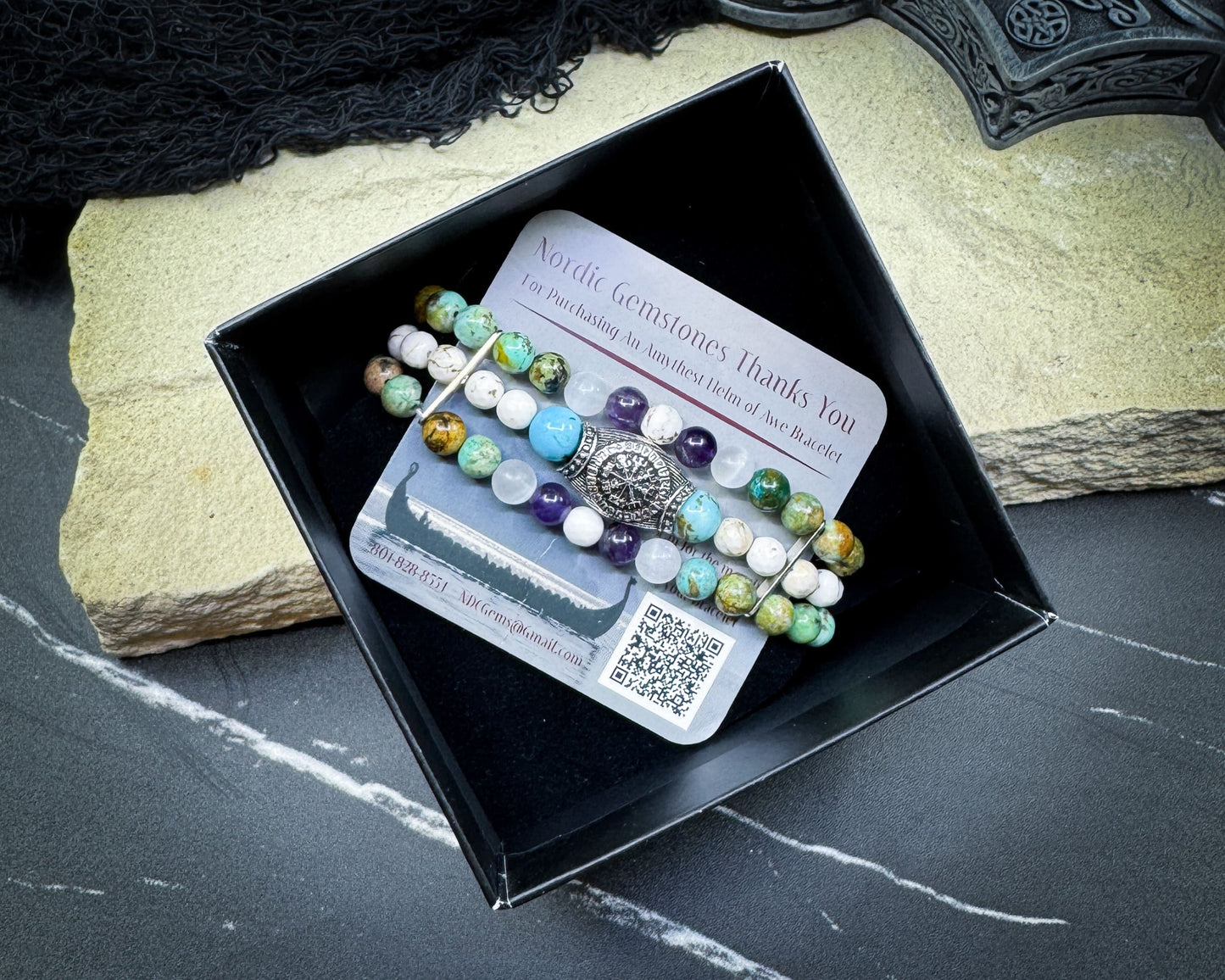 Nordic Gemstones Helm of Awe Bracelet – Triple Strand Amethyst Selenite Turquoise & White Turquoise - Jewelry
