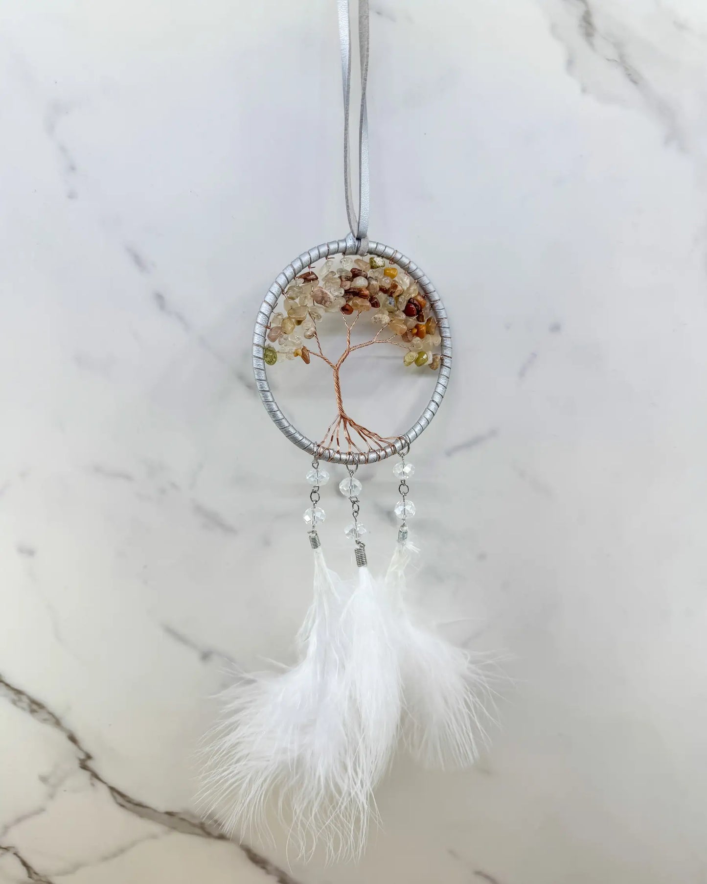 White Tree of Life Dreamcatcher with White Feathers Rearview Mirror or Wall Decor Home & Living