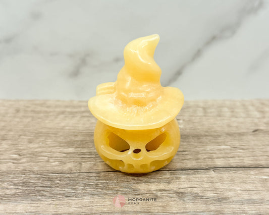 Yellow Calcite Halloween Pumpkin Wizard – Hand-Carved Crystal Decoration-Morganite Gems