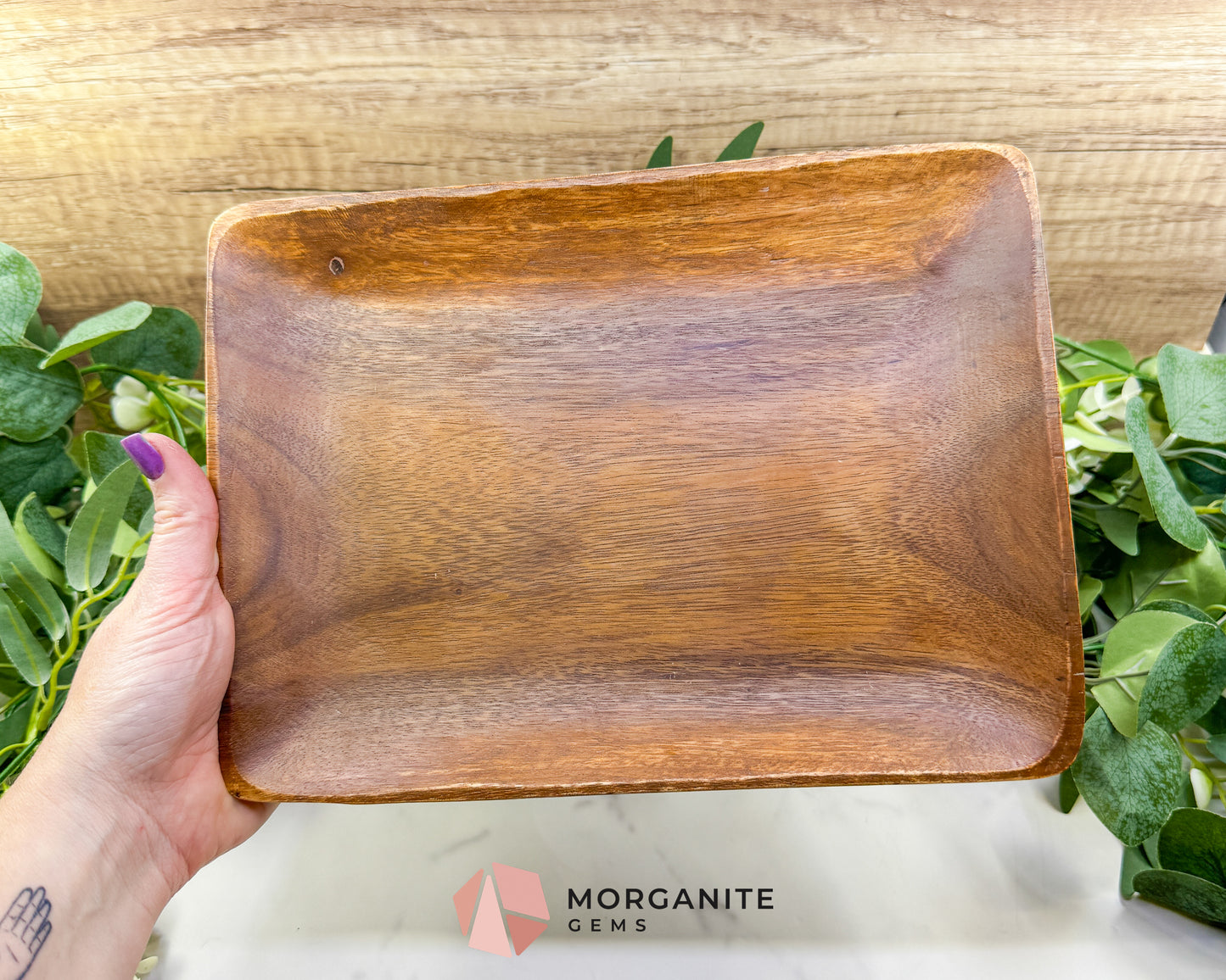Handcrafted Wood Rectangle Display Tray – 10.5" x 7.75" Natural Decorative Dish for Crystals, Jewelry, & Altar Organization (Randomly Selected)