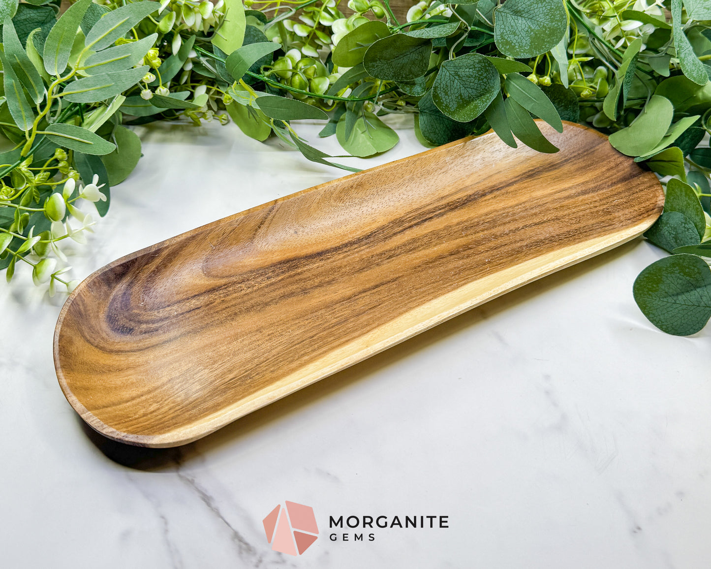 Large 16" Rounded Wood Display Tray – Natural Decorative Dish for Large Crystal Collections, Jewelry, & Altar Organization