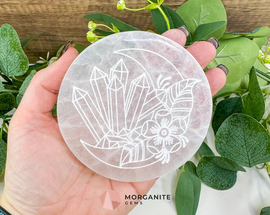 4’’ Engraved Selenite Charging Plate – Crystal Moon & Flower Cleansing Station for Gemstones & Jewelry - Metaphysical