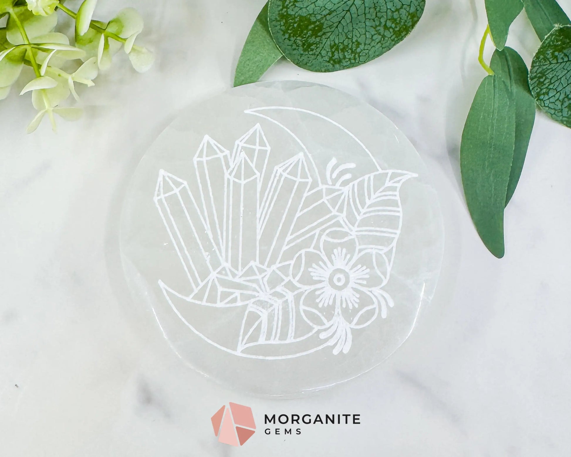 4’’ Engraved Selenite Charging Plate – Crystal Moon & Flower Cleansing Station for Gemstones & Jewelry - Metaphysical
