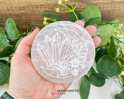 4’’ Engraved Selenite Charging Plate – Crystal Moon & Flower Cleansing Station for Gemstones & Jewelry - Metaphysical