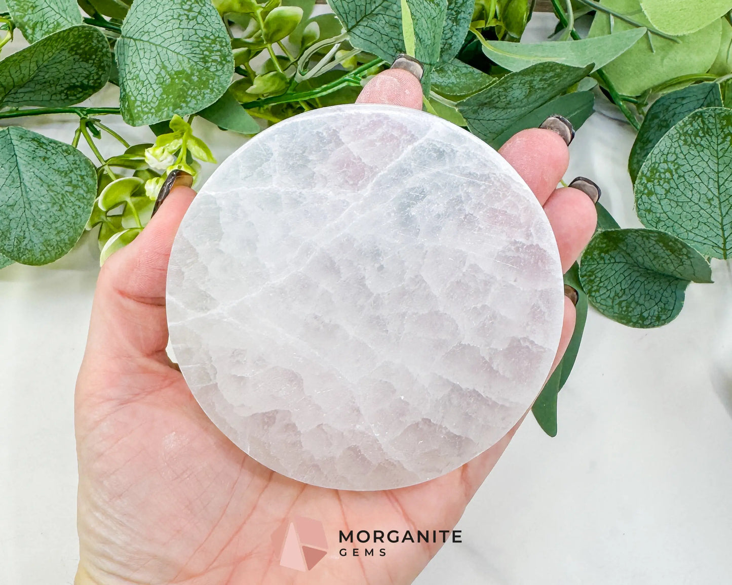 4’’ Engraved Selenite Charging Plate – Crystal Moon & Flower Cleansing Station for Gemstones & Jewelry - Metaphysical