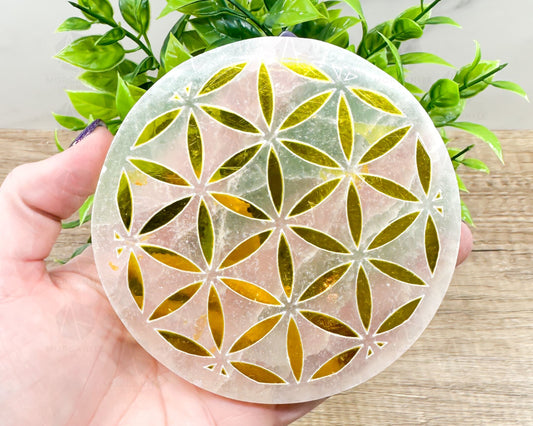 4-Inch Gold Flower of Life Selenite Plate – Hand-Carved Crystal Charging Disc for Energy Cleansing-Morganite Gems