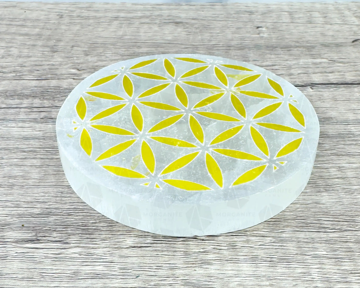 4-Inch Gold Flower of Life Selenite Plate – Hand-Carved Crystal Charging Disc for Energy Cleansing-Morganite Gems