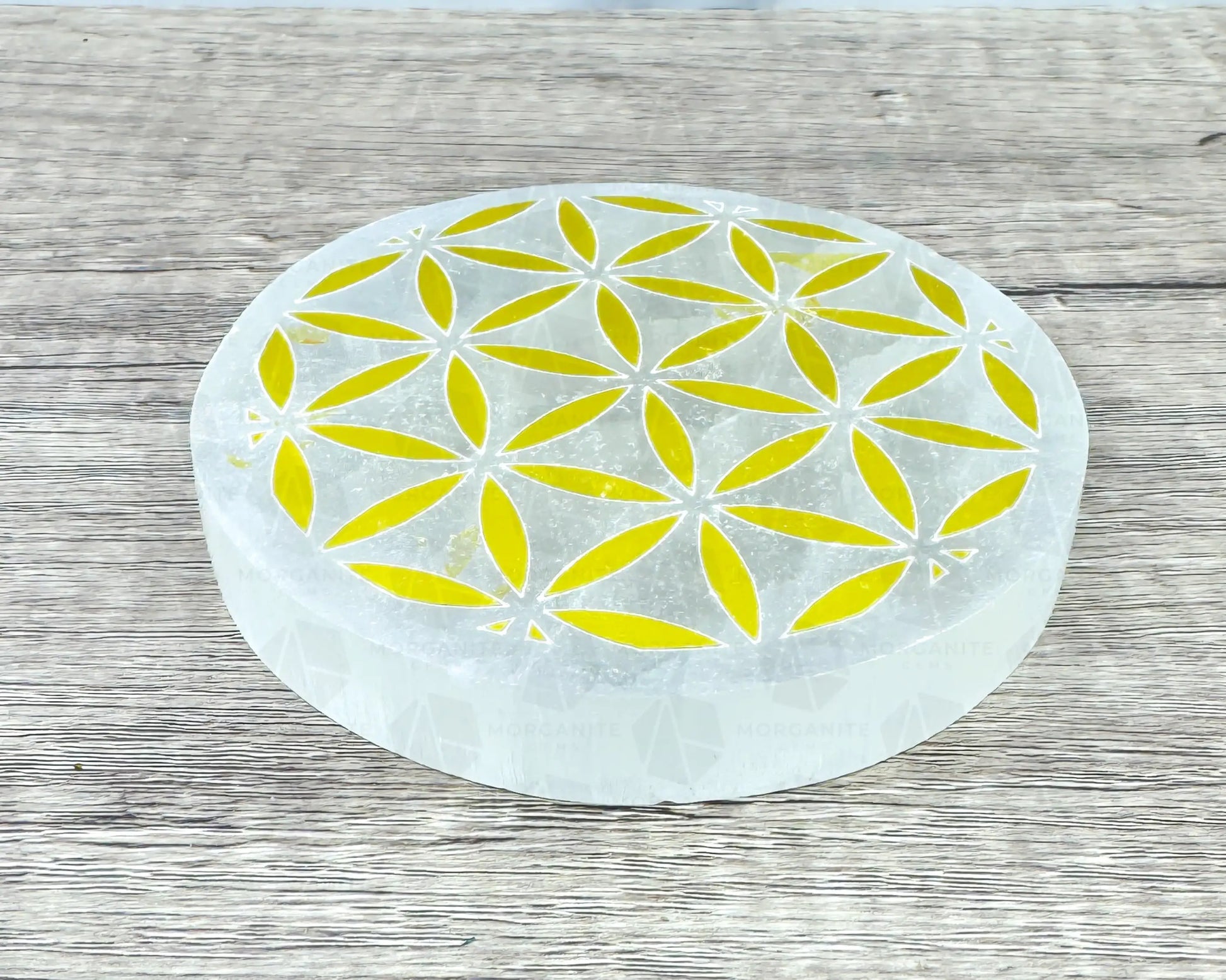 4-Inch Gold Flower of Life Selenite Plate – Hand-Carved Crystal Charging Disc for Energy Cleansing-Morganite Gems