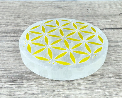 4-Inch Gold Flower of Life Selenite Plate – Hand-Carved Crystal Charging Disc for Energy Cleansing-Morganite Gems