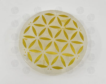 4-Inch Gold Flower of Life Selenite Plate – Hand-Carved Crystal Charging Disc for Energy Cleansing-Morganite Gems