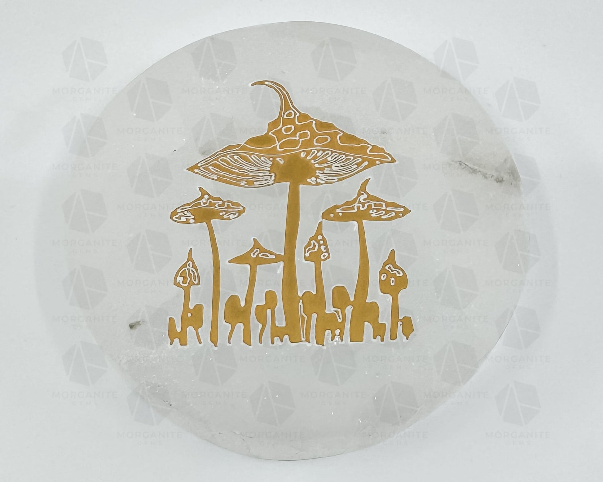 4-Inch Round Mushroom Selenite Plate – Hand-Carved Crystal Charging Disc for Energy Cleansing-Morganite Gems