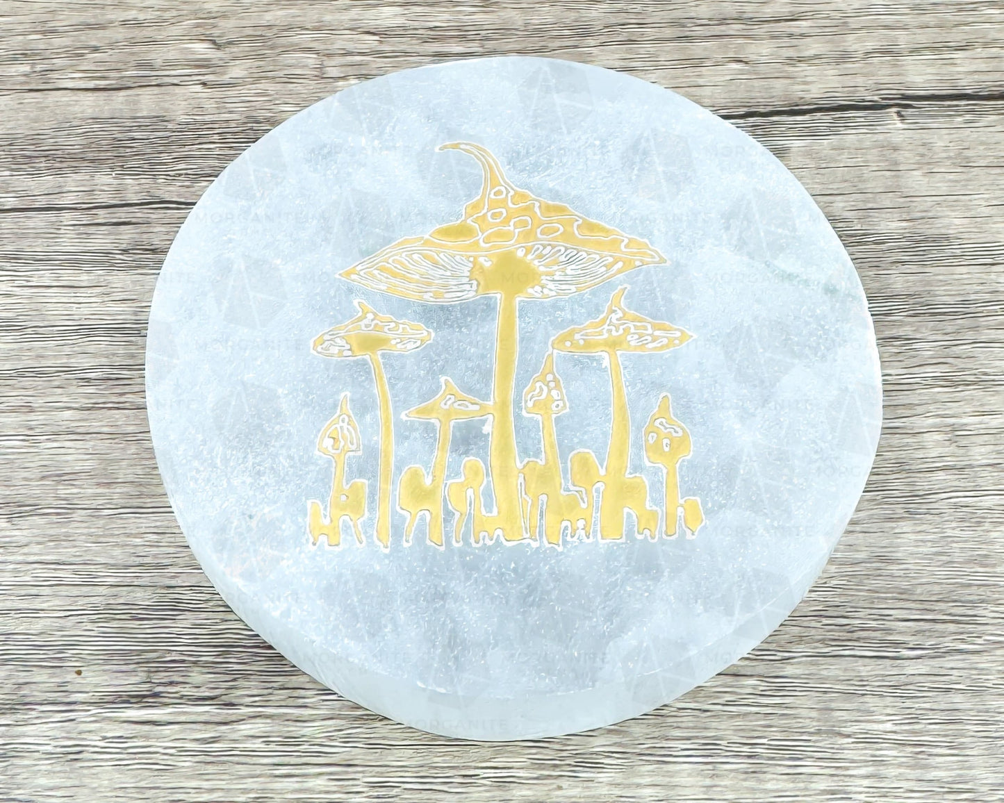 4-Inch Round Mushroom Selenite Plate – Hand-Carved Crystal Charging Disc for Energy Cleansing-Morganite Gems