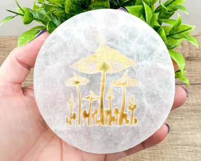 4-Inch Round Mushroom Selenite Plate – Hand-Carved Crystal Charging Disc for Energy Cleansing-Morganite Gems