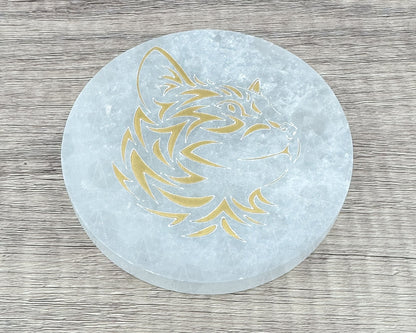 4-Inch Round Selenite Plate with Gold Carved Cat – Crystal Charging Disc for Energy Cleansing-Morganite Gems