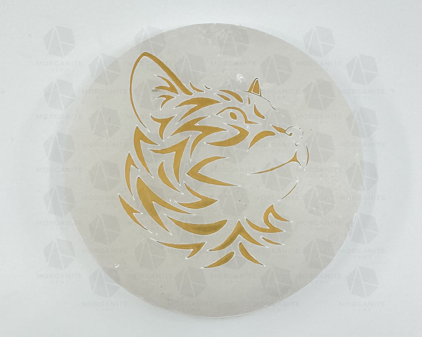 4-Inch Round Selenite Plate with Gold Carved Cat – Crystal Charging Disc for Energy Cleansing-Morganite Gems