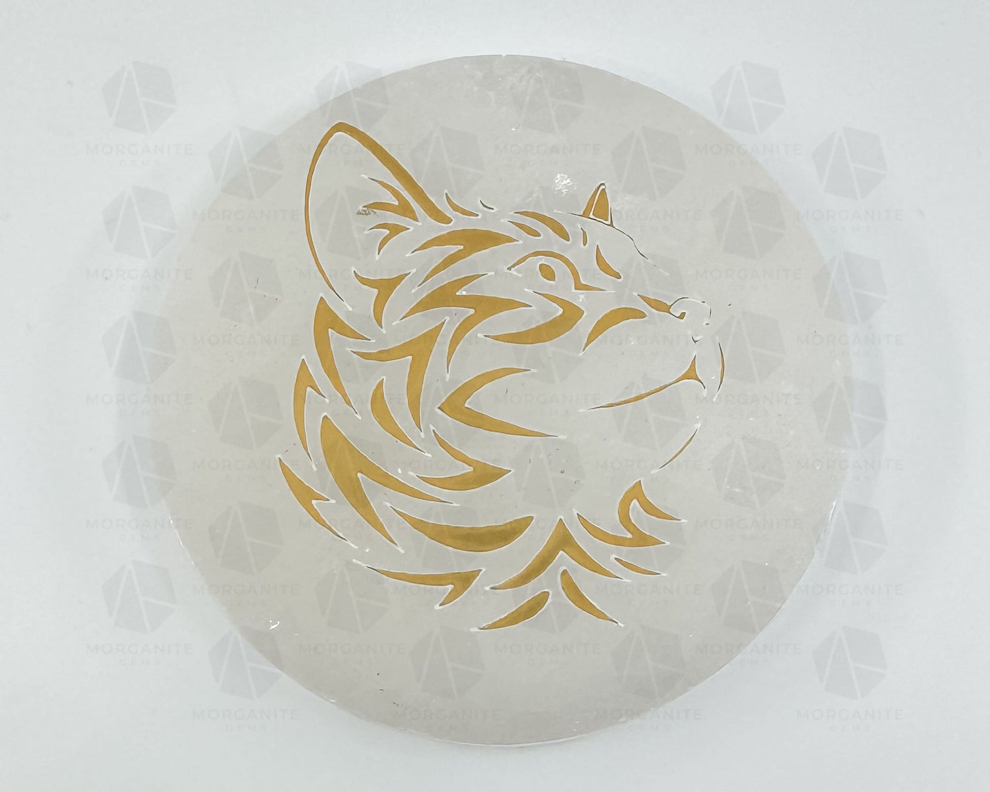 4-Inch Round Selenite Plate with Gold Carved Cat – Crystal Charging Disc for Energy Cleansing-Morganite Gems