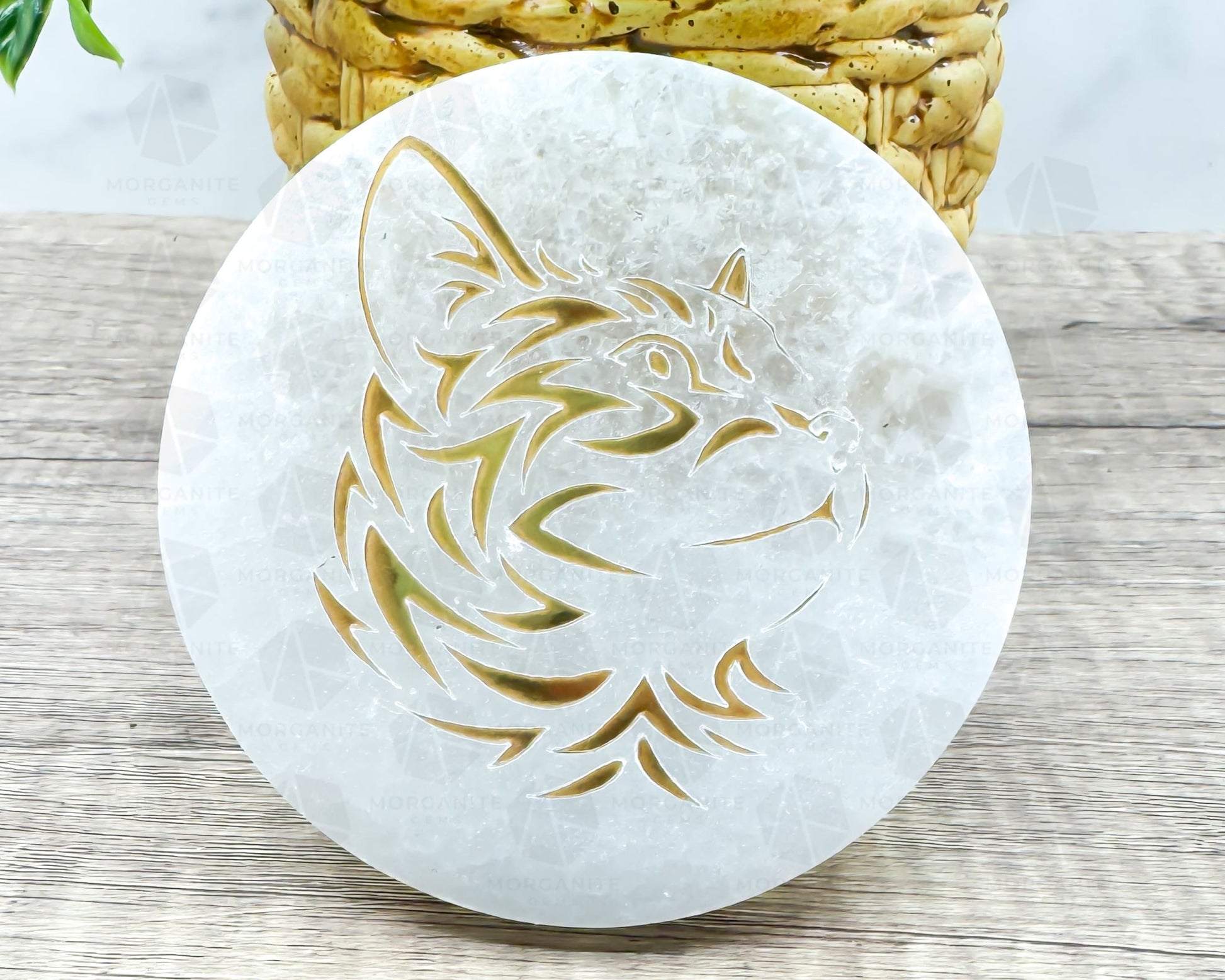 4-Inch Round Selenite Plate with Gold Carved Cat – Crystal Charging Disc for Energy Cleansing-Morganite Gems