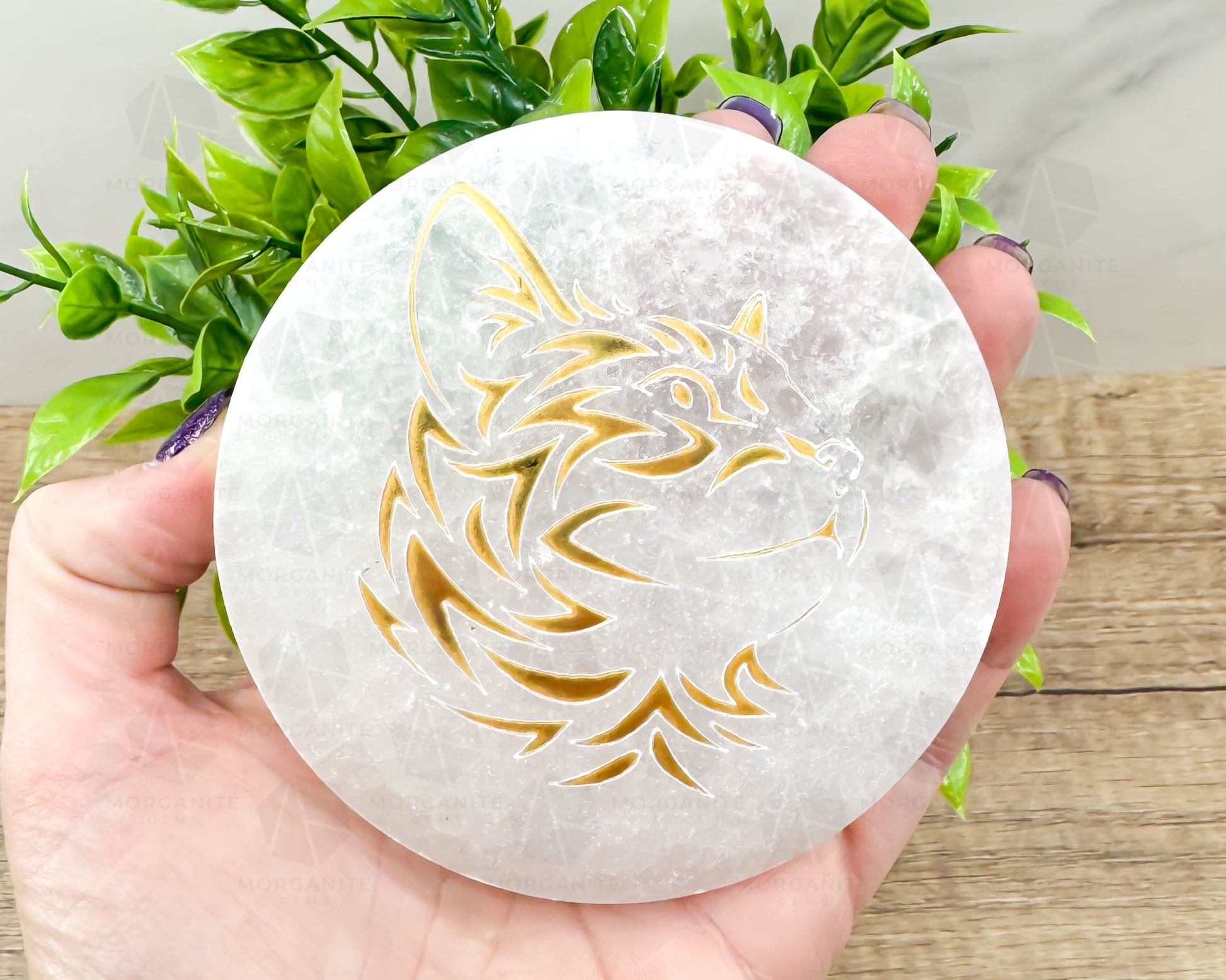 4-Inch Round Selenite Plate with Gold Carved Cat – Crystal Charging Disc for Energy Cleansing-Morganite Gems