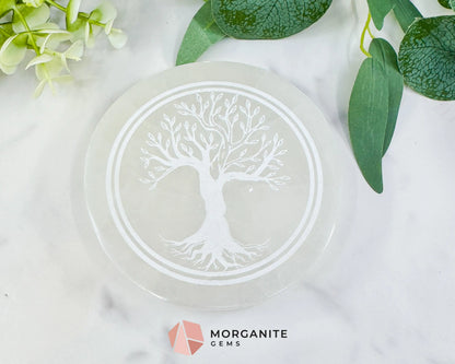 4-Inch Round Selenite Tree of Life Plate – Hand-Carved Crystal Charging Disc for Energy Cleansing - Altars Shrines &