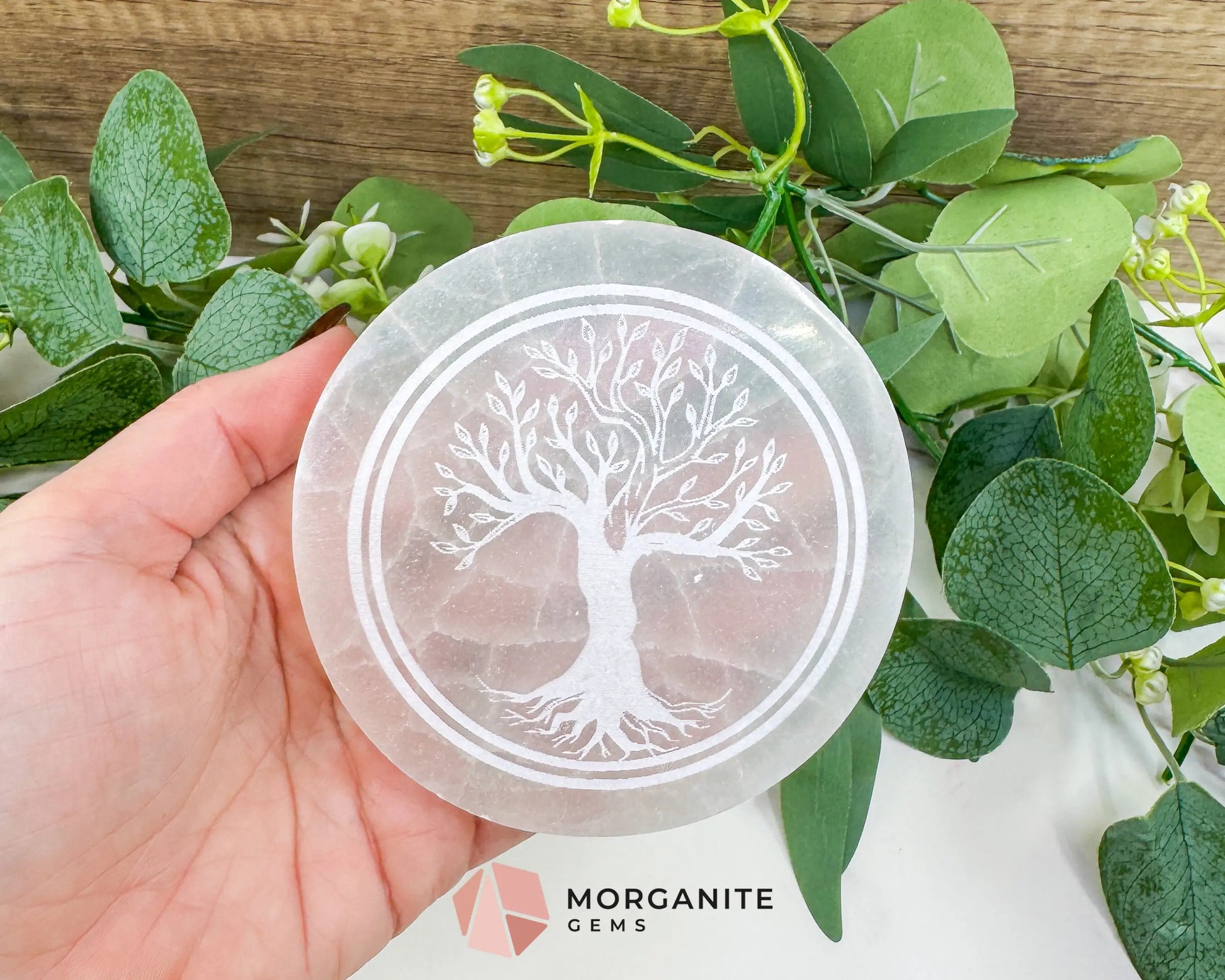 4-Inch Round Selenite Tree of Life Plate – Hand-Carved Crystal Charging Disc for Energy Cleansing - Altars Shrines &