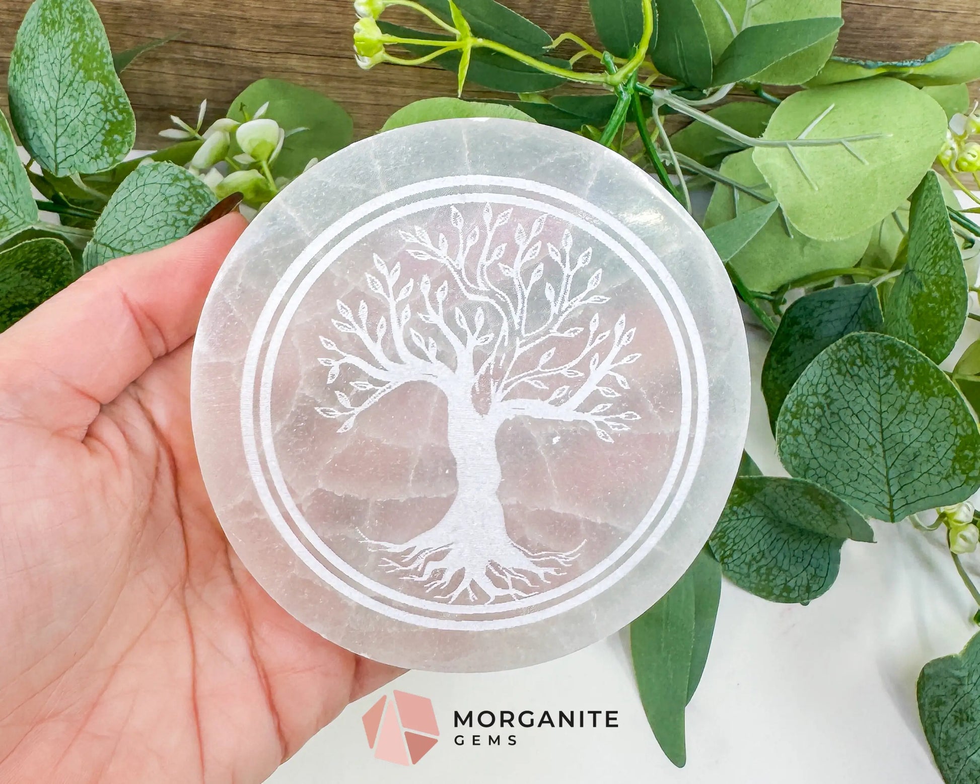 4-Inch Round Selenite Tree of Life Plate – Hand-Carved Crystal Charging Disc for Energy Cleansing - Altars Shrines &