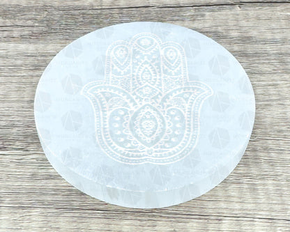 4-Inch Selenite Plate with Hamsa Hand Etching – Crystal Charging Disc for Energy Cleansing-Morganite Gems