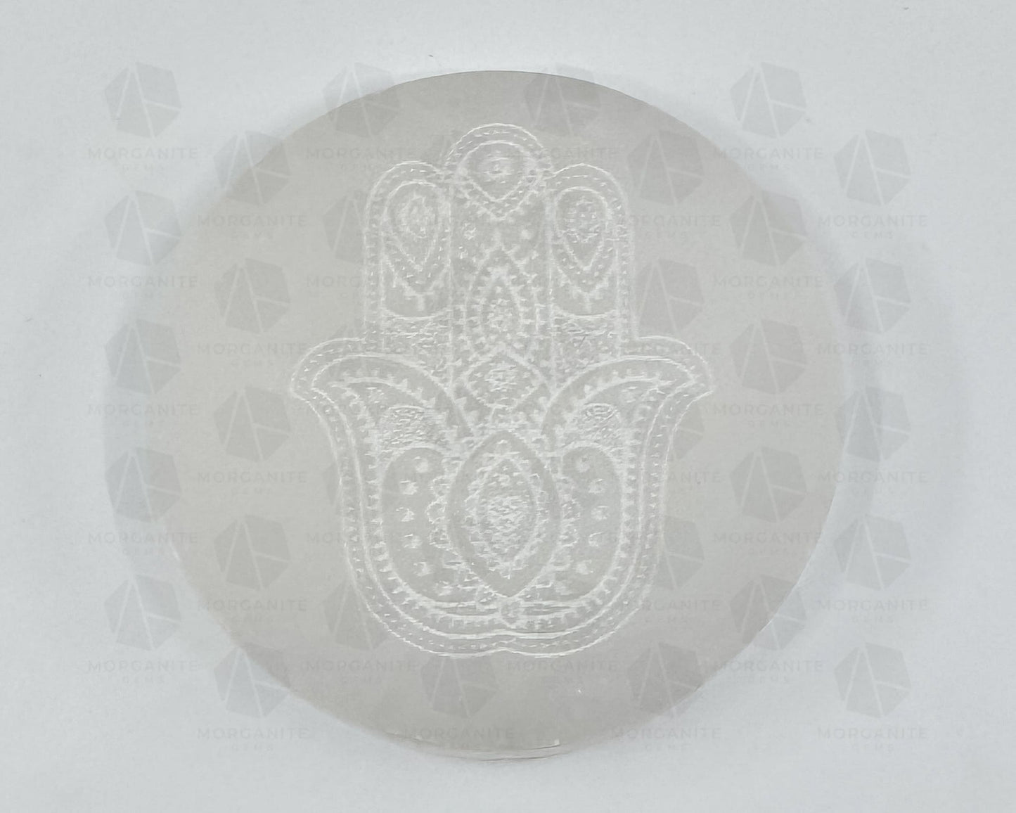 4-Inch Selenite Plate with Hamsa Hand Etching – Crystal Charging Disc for Energy Cleansing-Morganite Gems