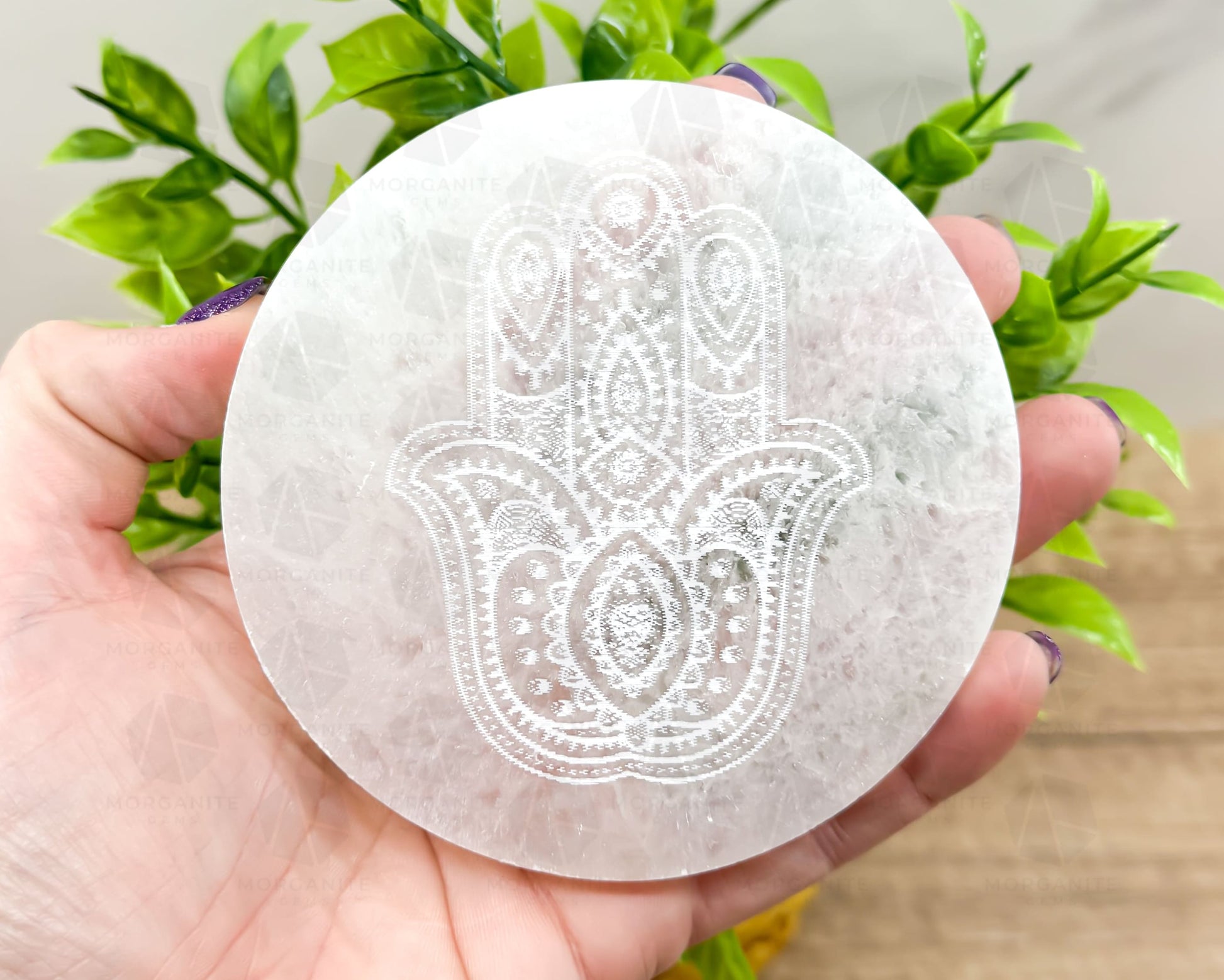 4-Inch Selenite Plate with Hamsa Hand Etching – Crystal Charging Disc for Energy Cleansing-Morganite Gems