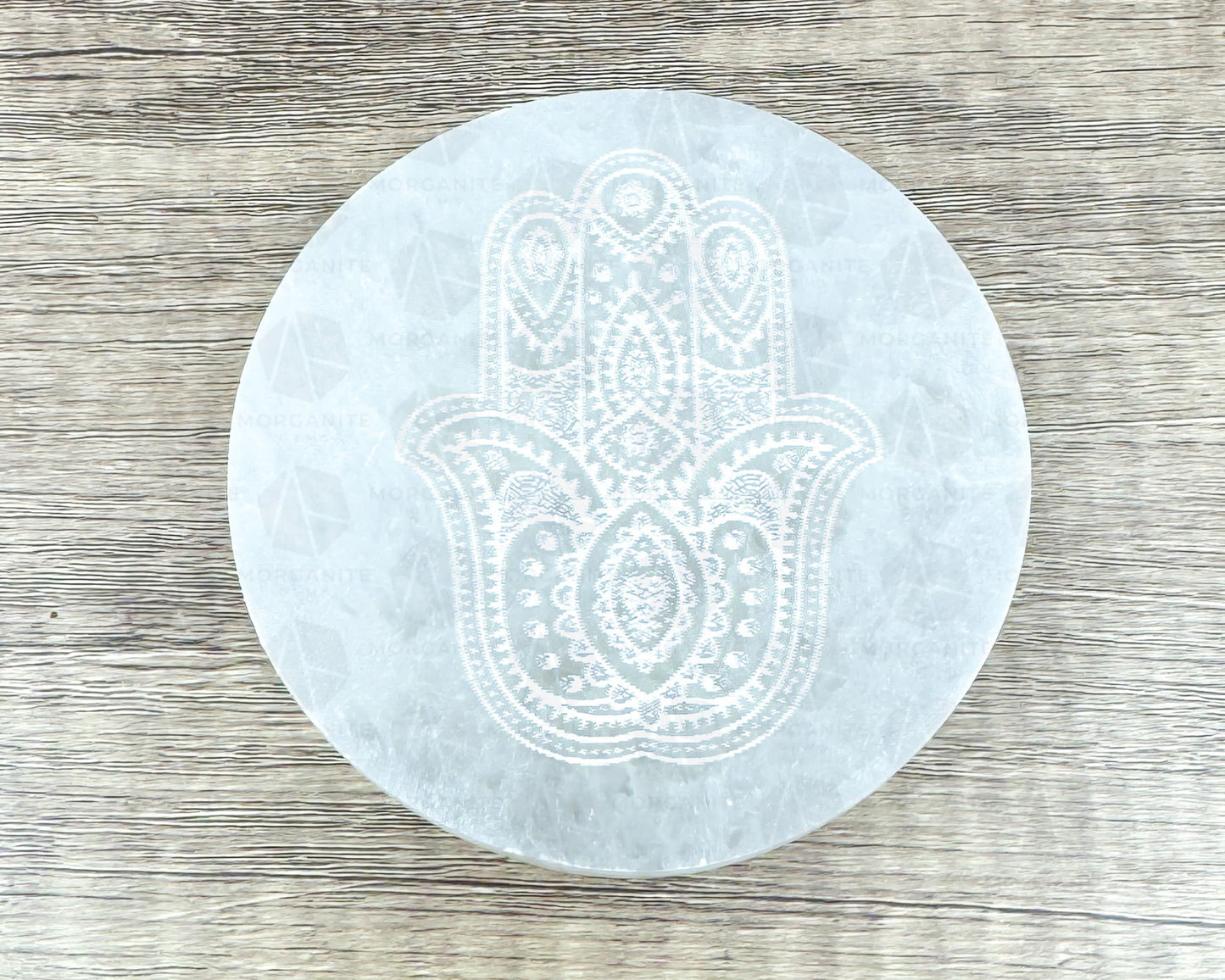 4-Inch Selenite Plate with Hamsa Hand Etching – Crystal Charging Disc for Energy Cleansing-Morganite Gems