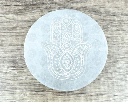 4-Inch Selenite Plate with Hamsa Hand Etching – Crystal Charging Disc for Energy Cleansing-Morganite Gems