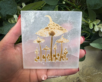 4-Inch Square Mushroom Selenite Plate – Hand-Carved Crystal Charging Disc for Energy Cleansing - Metaphysical Crystals